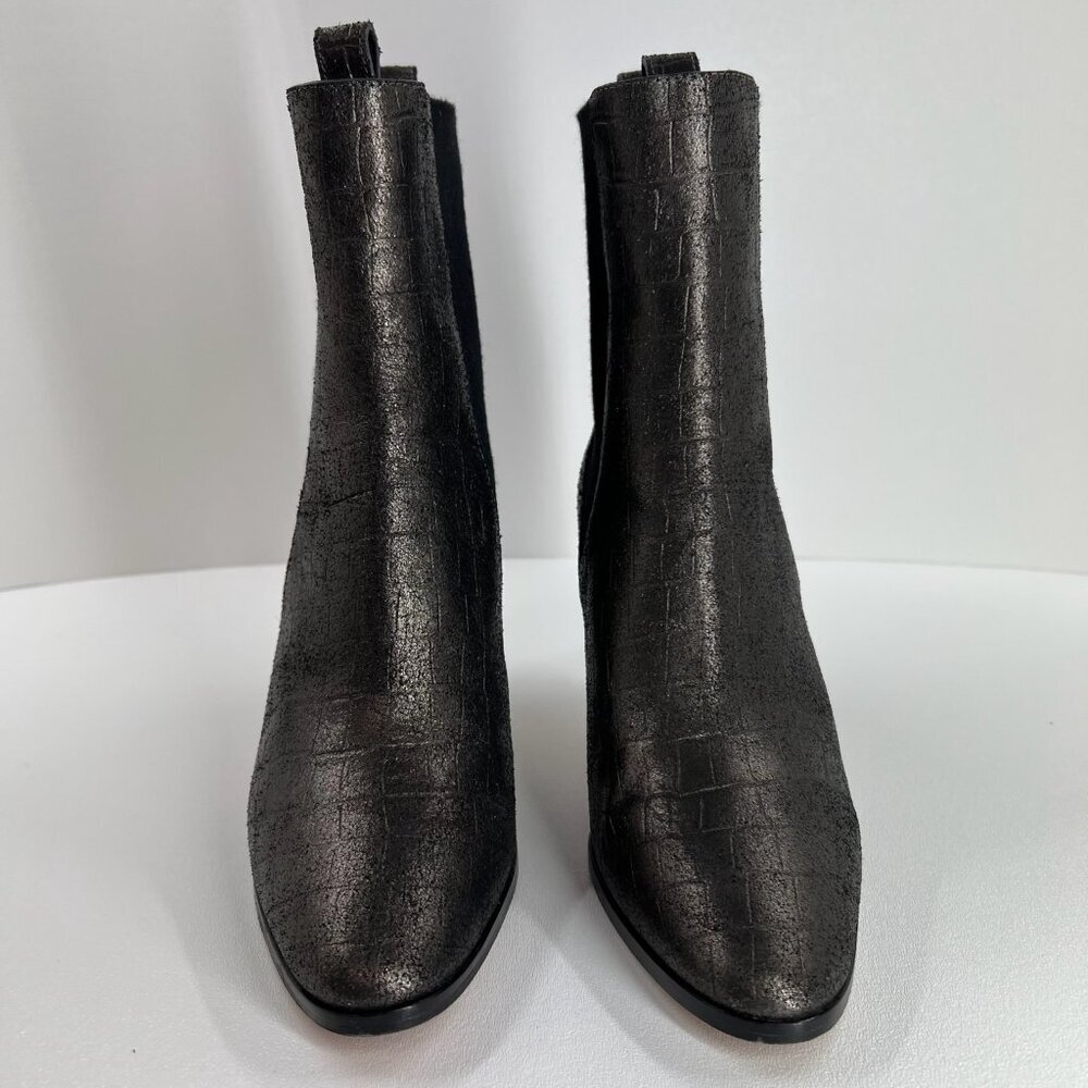 PAIGE Celeste Ankle Bootie Size 8.5 Stiletto Heel Gunmetal Croc Leather Metallic - Picture 4 of 14